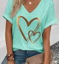 Cuffed Sleeve Front Panel Heart Print Women T-Shirt